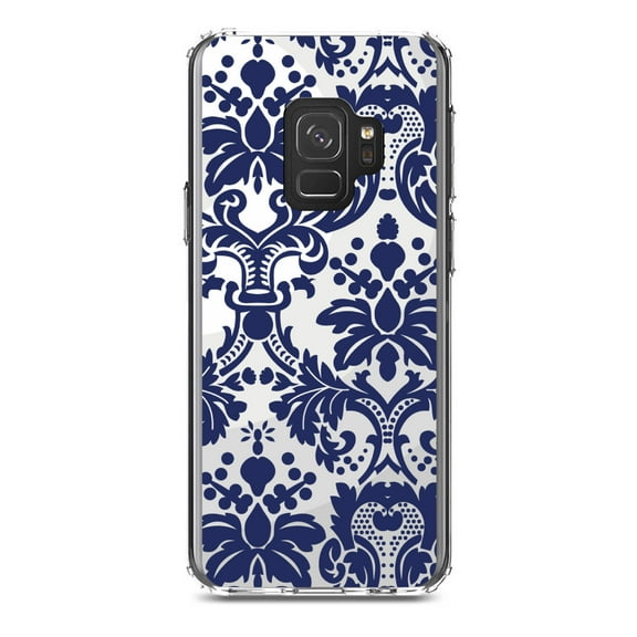 DistinctInk Clear Shockproof Hybrid Case for Samsung Galaxy S9 (5.8" Screen) - TPU Bumper, Acrylic Back, Tempered Glass Screen Protector - Blue Grey Damask
