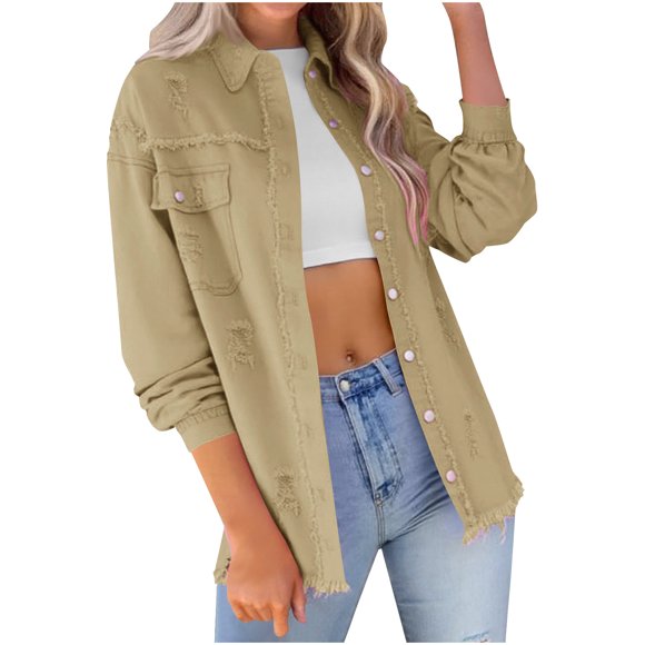 Khaki Western Ripped Distressed Plain Lounge Outfit for Women Fall Winter Long Sleeve Denim Jacket Outfit Women Button Up 2025 Clothes Country Concert Y2K L