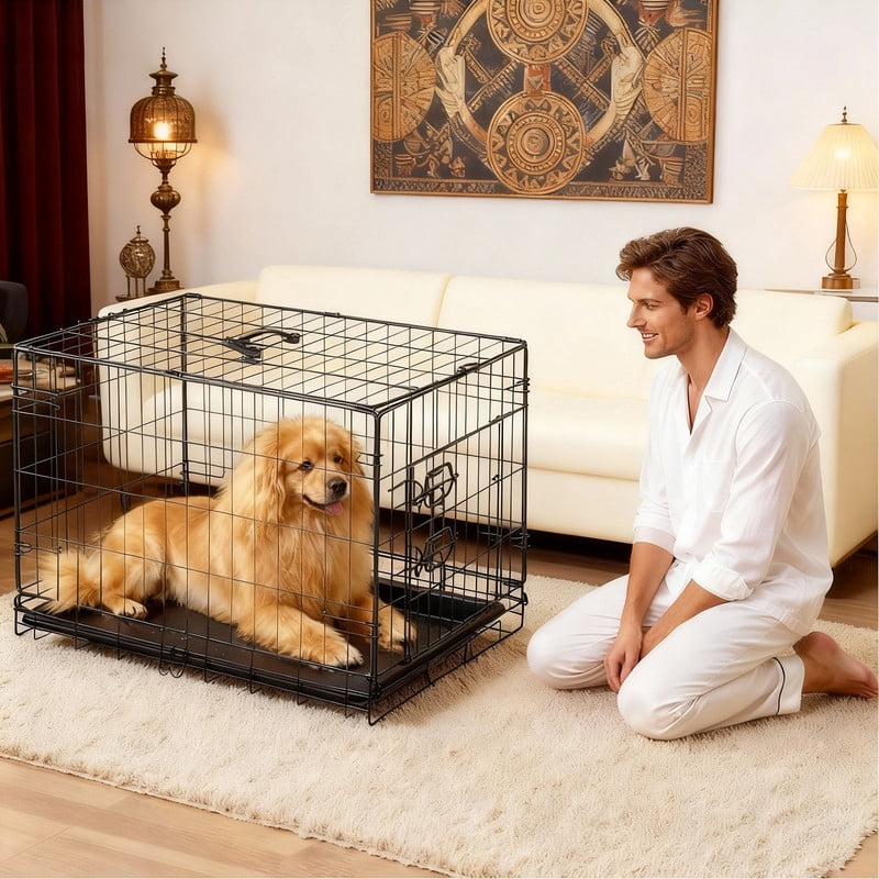 Dozzle 42-Inch Secure & Portable Dog Crate: Foldable Metal Wire Kennel with Enhanced Lock, Dual-Door Design for Medium & Large Dogs, Black
