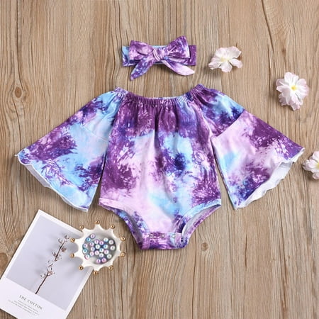 

XMMSWDLA Toddler Girl Clothes Baby Girls Fashion Cute Tie-dye Gradient Color Off Shoulder Trumpet Sleeve Romper Headdress Suit Sales Clearance