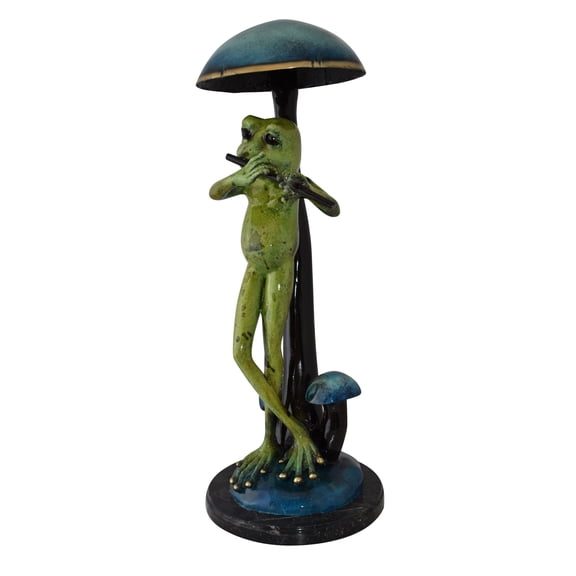 Nifao Musical Green Frog Playing the Flute Bronze Statue – Home Decor Sculpture, 14"L x 12"W x 27"H
