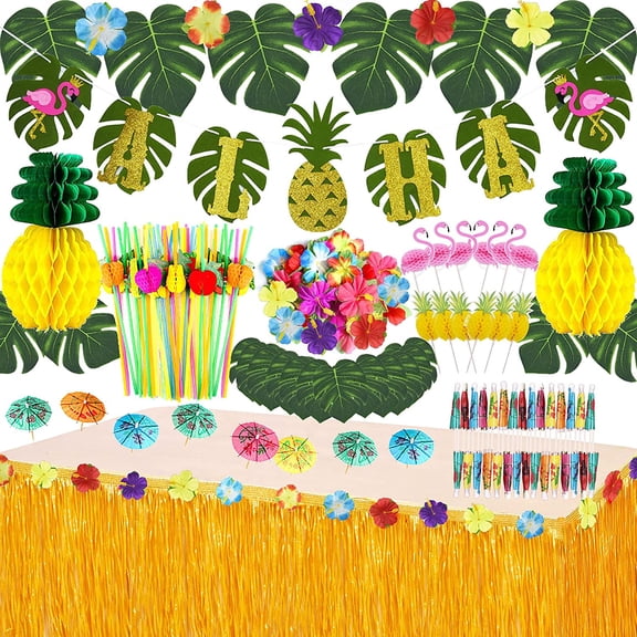 Tropical Luau Party Decoration Pack Hawaiian Beach Theme Party Favors Luau Party Supplies (112 PCS) including Banner, Table Skirt, Straws, Flamingo, Pineapple Décors.