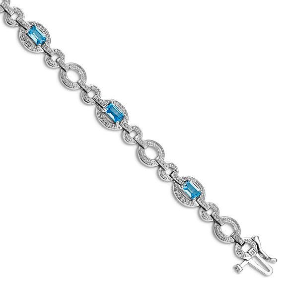 925 Sterling Silver Textured Polished Box Catch Closure Diamond and Lt Swiss Blue Topaz Oval Link Bracelet 7mm Wide Link