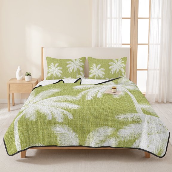 Queen Quilt Set, Summer Tropical Palm Trees Lightweight Quilt Sets Summer Comforter Coverlets with 2 Pillow Shams, Green Retro Linen Background Breathable 3 Piece Bedding Set for All Seasons