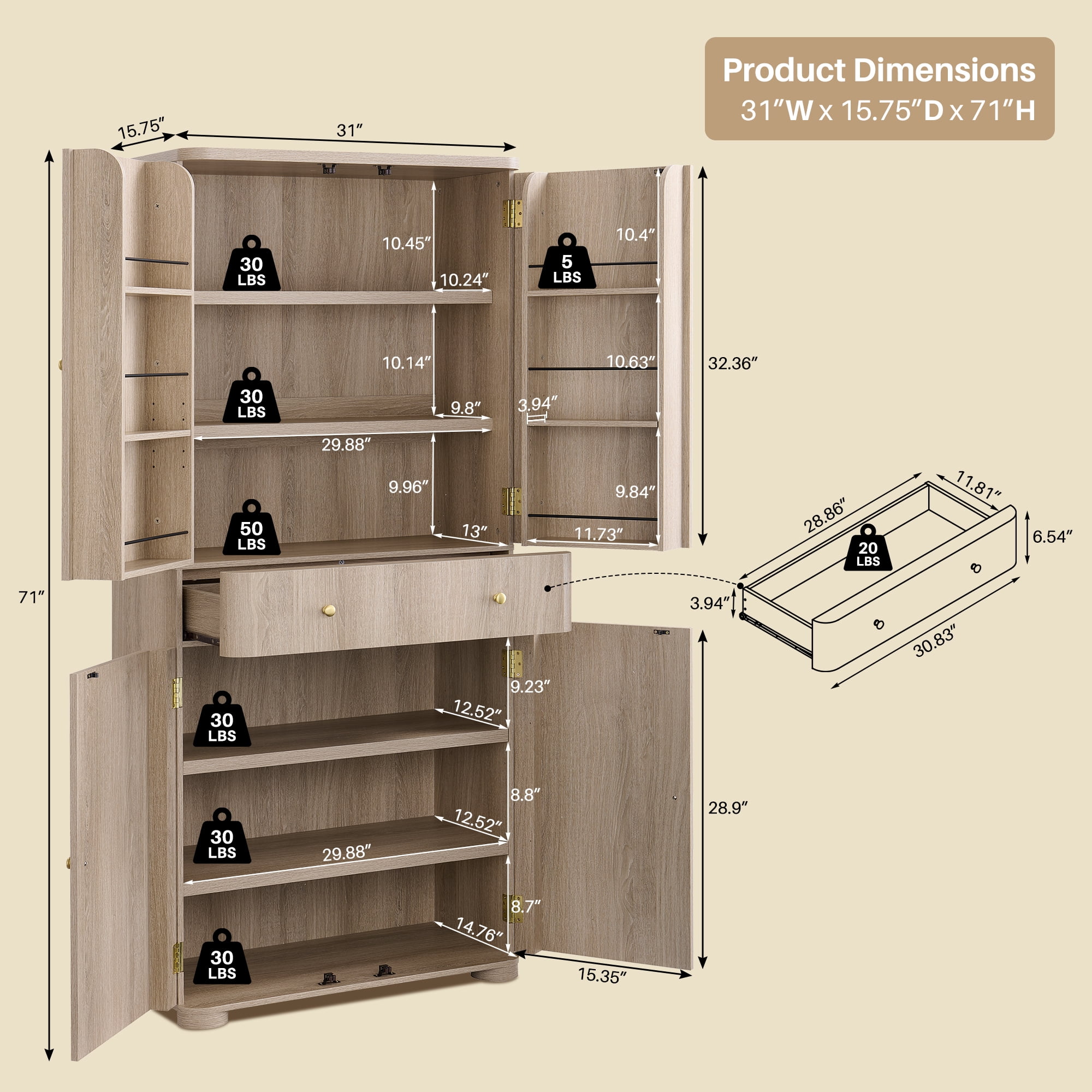 SinCiDo 71" Tall Kitchen Pantry Storage Cabinet, Wooden Curved Cabinet with 4 Doors and 6 Adjustable Shelves, Large Drawer for Kitchen, Dining Room