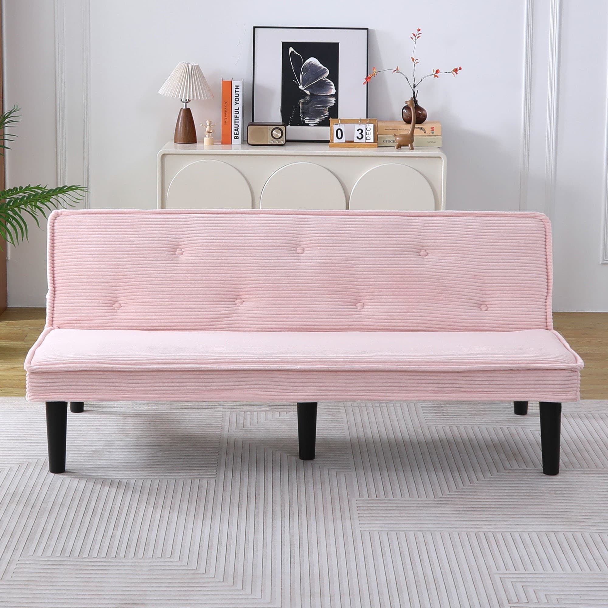 MAYEERTY 66" Corduroy Sofa Bed Modern Sleeper Couches Sofas Loveseats for Living Room, Apartment and Bedroom, Pink