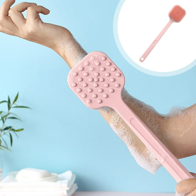 Cepillo de baño de silicona con mango largo antideslizante de 14 pulgadas, cepillo exfoliante de masaje para espalda, cerdas medianas firmes, cepillo exfoliante corporal higiénico y duradero para