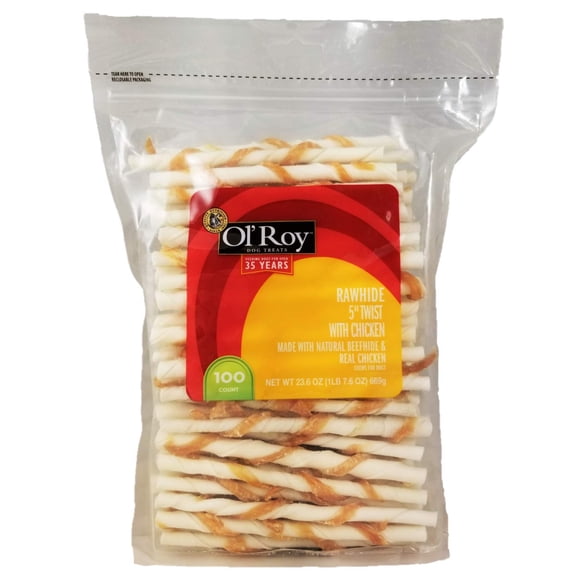 Rawhide with Chicken Twists DHF10All Natural OlRoy Dog Treats (100 Count) 1lb 8oz