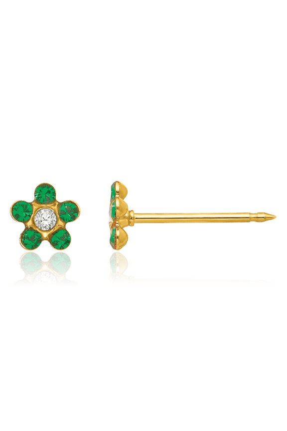 14K Solid Yellow Gold Green Rhinestone Crystals Flower Stud Earrings Ear Piercing Studs May Birthstone Jewelry