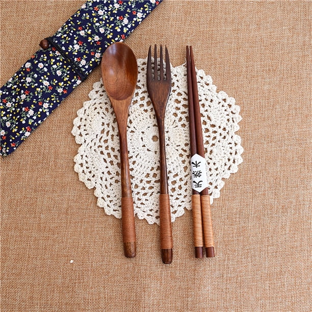Fiudx Juego de Cubiertos de Madera, Materiales Naturales y Ecológicos, Estuche de Viaje Portátil, Cuchara, Tenedor y Palillos, Ideal para Uso Diario o Actividades Al Aire Libre, Regalo Perfecto, 8.5