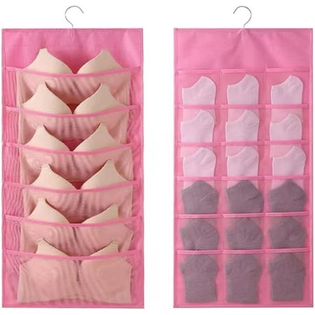 

Storage Hanging Bag Dual-Sided Hanging Bra Storage Organizer with Metal Hanger Dual-Sided Hanging Storage Organiser for Underwear Panties Stocking Bra and Sock (Pink 6+18 Pockets)