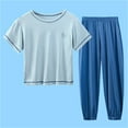 thumbnail image 3 of KDSJSXW Girls' Clothing Outfits Summer Multi Color Children'S Home Outfits Solid Short Sleeve Round Neck Top + Solid Color Loose Pants 2.Pcs Set Girls Summer Outfits Blue 8-9 Years, 3 of 6
