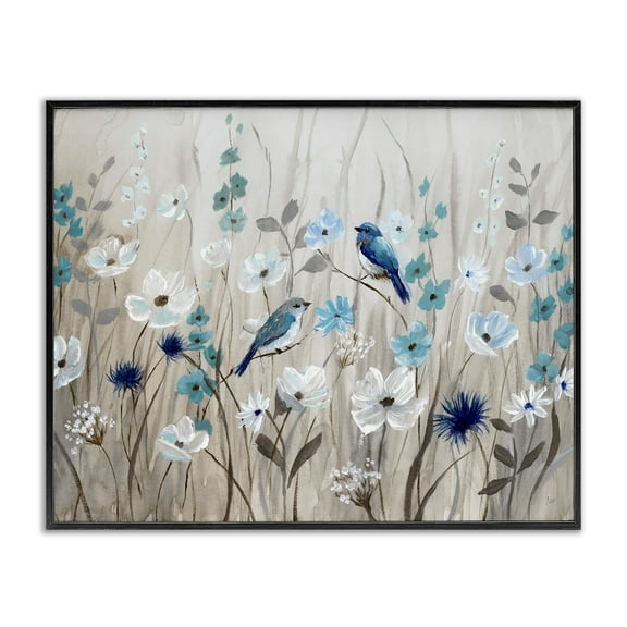 Stupell Industries Birds Floral Meadow Blue White Blossoms , 30 x 24, Design by Nan