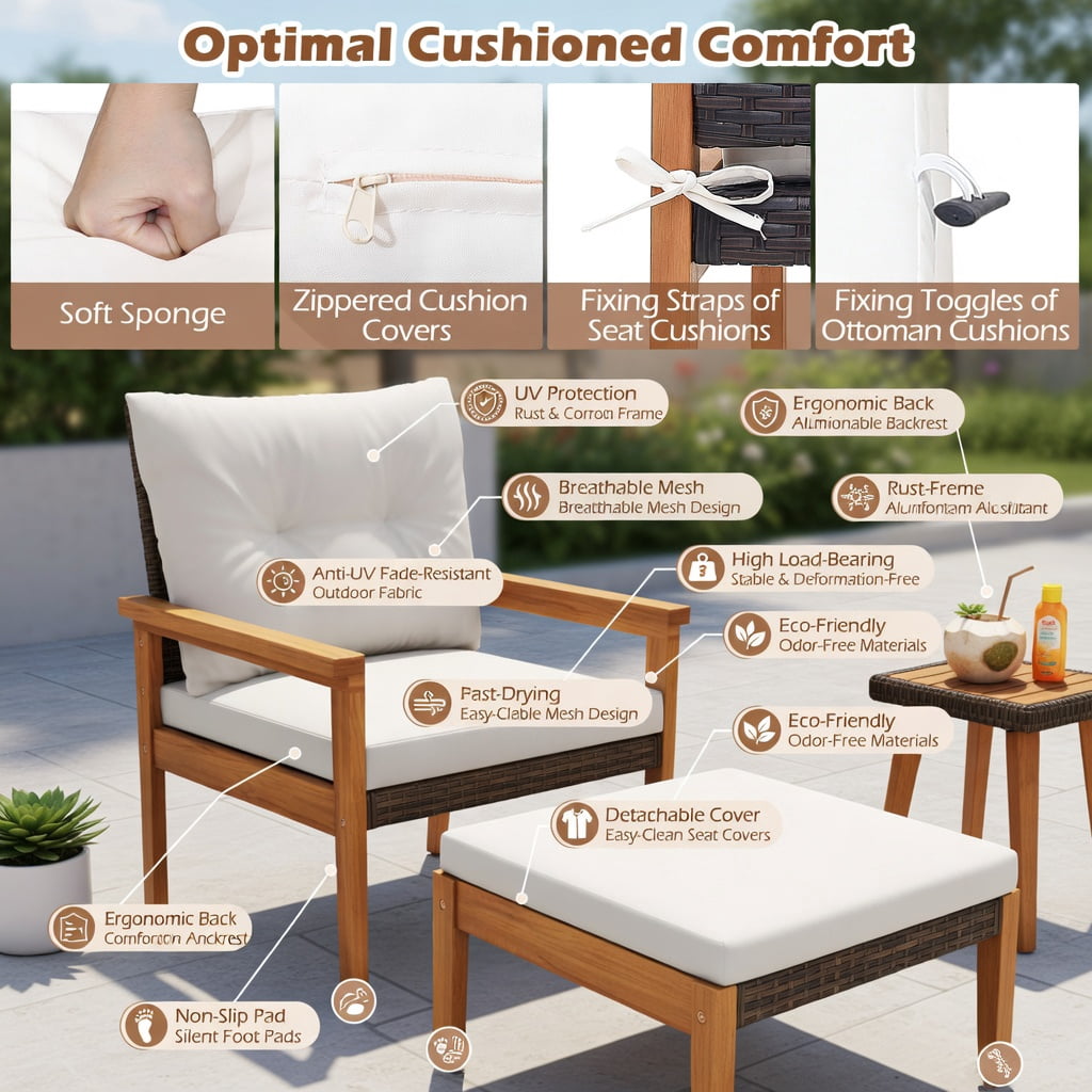 Hommoo 5-Piece PE Rattan Outdoor Furniture Set with Square Coffee Table & Matching Ottomans, Acacia Wood Frame, Weather-Resistant Wicker Patio Set for Backyard, Poolside & Porch, White