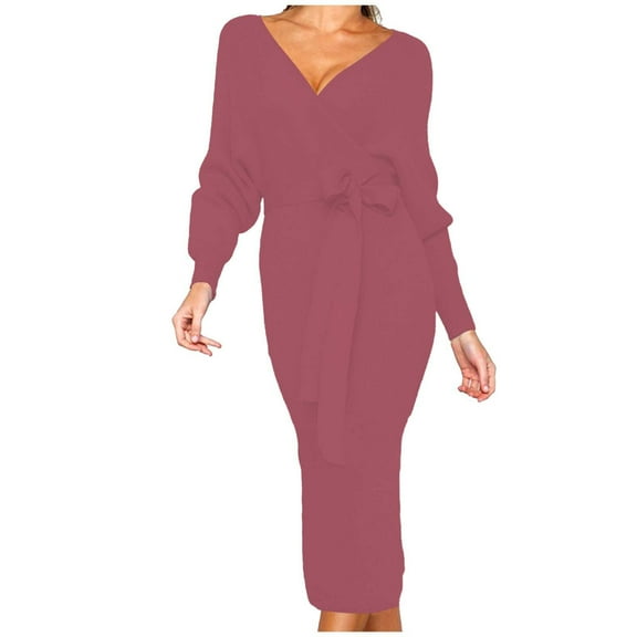 Women's Sweater Dress Autumn Winter Long Sleeve V Neck Tie Waist Dress Stylish Casual Elegant Outfit for Parties and Daily Wear Women Fall Fashion