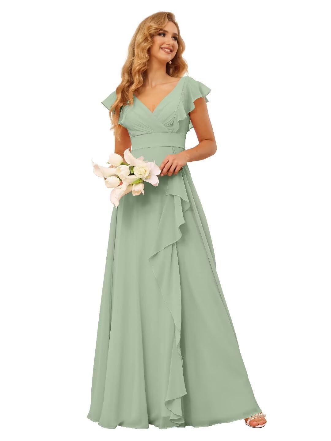 Vestidos largos de dama de honor de chiffon sin tirantes Salvia