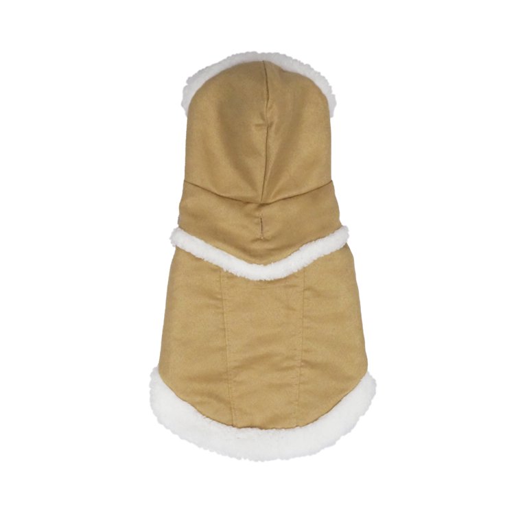 Vibrant Life Dog Clothes: Tan Faux Suede Hooded Jacket with Sherpa Lining  and Trim, Size S