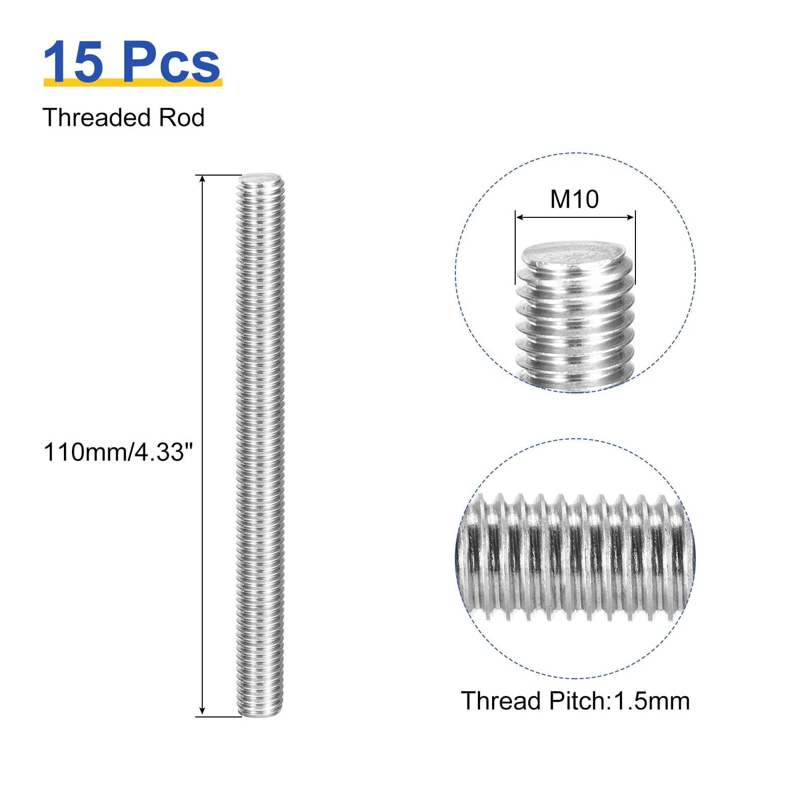 Uxcell 15Pack M10 x 110mm Fully Threaded Rod Right Hand Threads,1.5 Thread Pitch