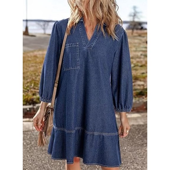 V-Neck Denim Dress with 3/4 Length Puff Sleeves - Mid-Calf Casual Basic Stretch Cotton Jean Shirt Dress for Women Denim Dress for Women