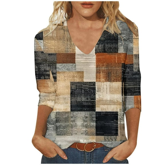 LYXSSBYX 3/4 Length Sleeve Womens Tops Plus Size Fashion Woman Casual V Neck Printing Blouse 3/4 Sleeve T-Shirt Summer Tops