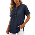 thumbnail image 4 of Denim Shirt Women Trendy Button Down V Neck Jean Tops 3/4 Sleeves Lightweight Soft Shirts Smart Casual Blouses Cowboy Western Tops Office Work Irregular Hem Tunic Tops, 4 of 6