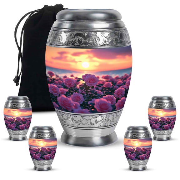 JAGASY Pink Rose Large Urn for Ashes for Women & Men - Set of 5 Keepsake Cremation Urns for Siblings - Sunset Urn for Ashes Adult Male - Flowers Funeral Urns for Brother - (1 Large, 10", 4 Small, 3")