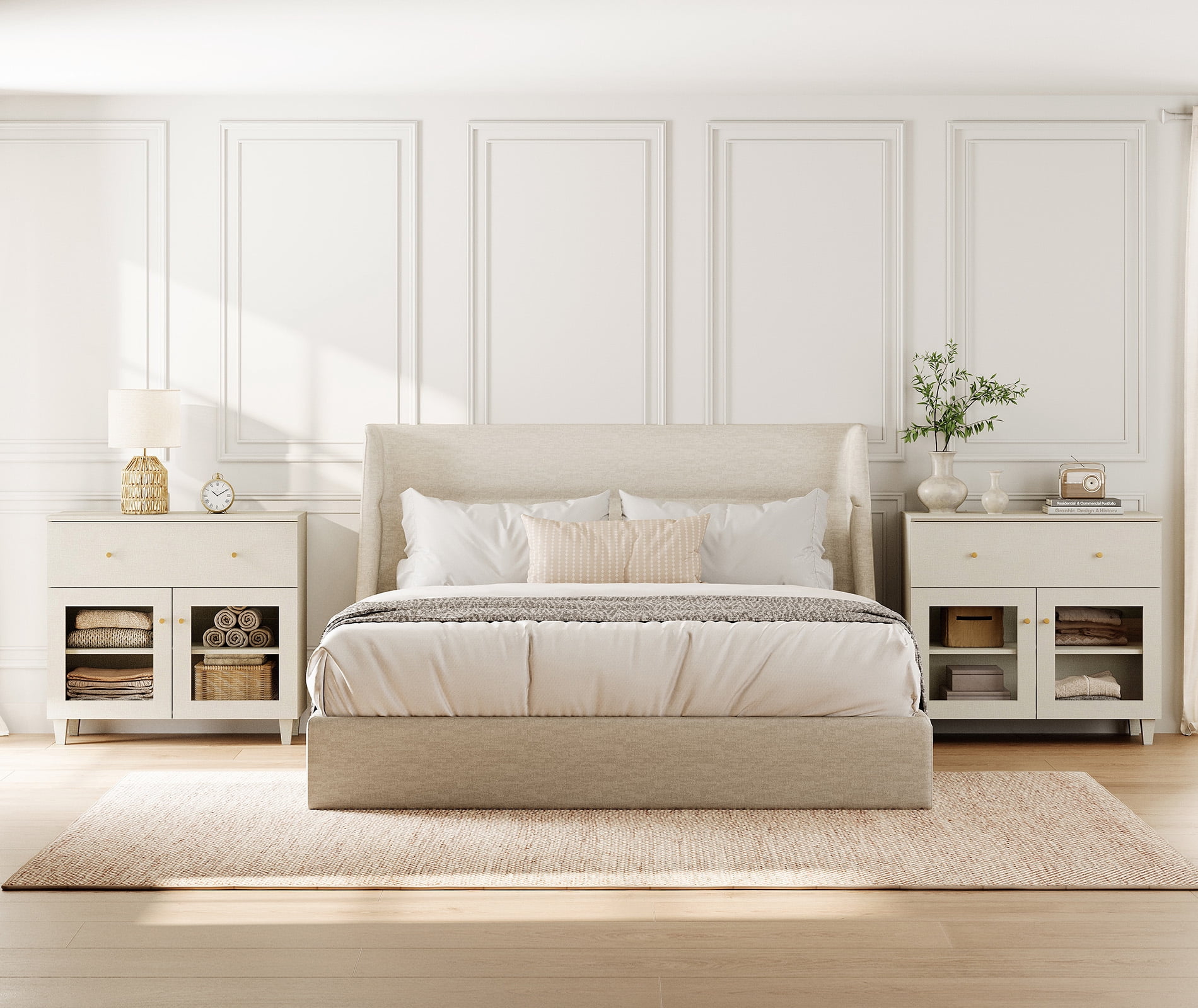 Large Bedroom Nightstand with Glass Doors, Tall Bedside Table with Drawer, Shelf and Cable Management, Beige