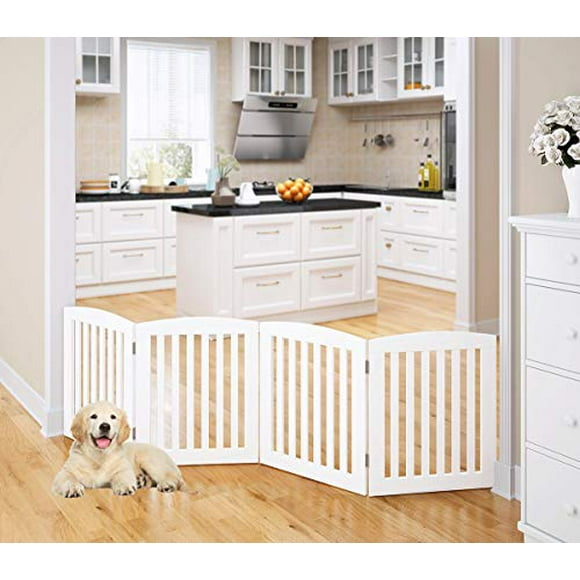 PAWLAND Wooden Freestanding Foldable Pet Gate for Dogs, 24 inch 4 Panel Step Over Fence, Dog Gate for The House, Doorway, Stairs, Extra Wide, White