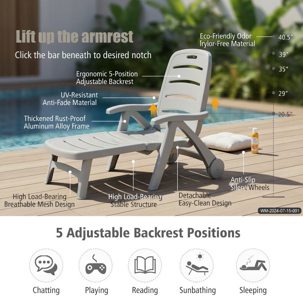 Hommoo 5-Position Adjustable Outdoor Folding Chaise Lounge Chair, Heavy-Duty PP Patio Lounger with Dual Wheels, Gray