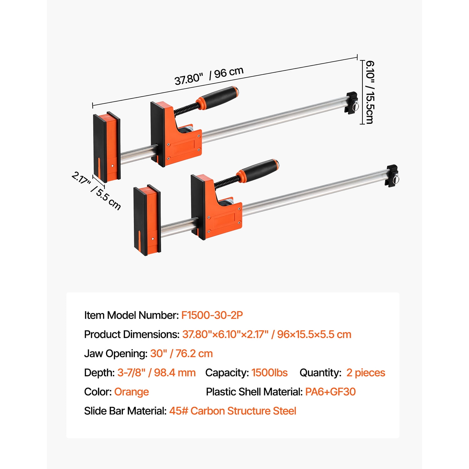 KFFKFF 30-Inch Parallel Bar Clamps, 2-Pack, F-Clamp Set with 1500 lbs Load Capacity, Durable Plastic and Carbon Steel Construction, Ideal for Woodworking and Metal Projects, Orange