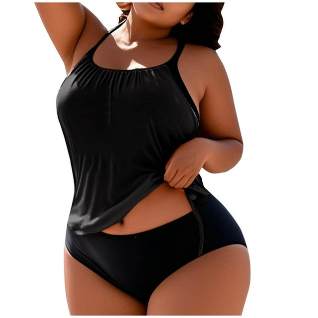 FRSASU Maillot de Bain Tankini Grande Taille pour Femmes avec Coussin de Poitrine Deux Pièces Robe de Bain Fluide avec Maillot de Bain Triangle Noir G(L)