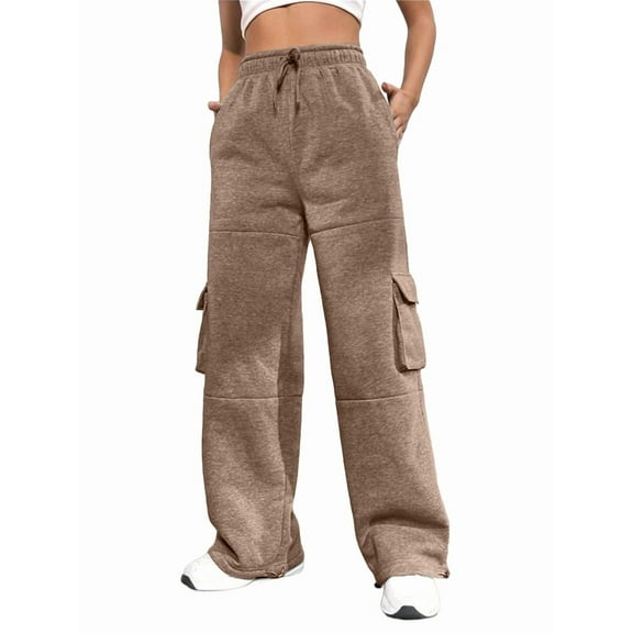 Cargo Joggers for Women Baggy Fleece Wide Leg Sweatpants Elastic High Waisted Fall Casual Hiking Pants Khaki S