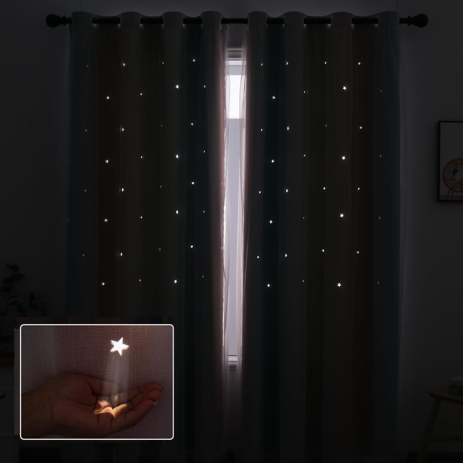 Psoiuetr Blackout Gradient Ombre Curtains for Kids Girls Bedroom Living Room Decor Rainbow Double Layers Star Cut Out Stripe Pink Purple Grommet Window Curtains,52"x63",1 Panel
