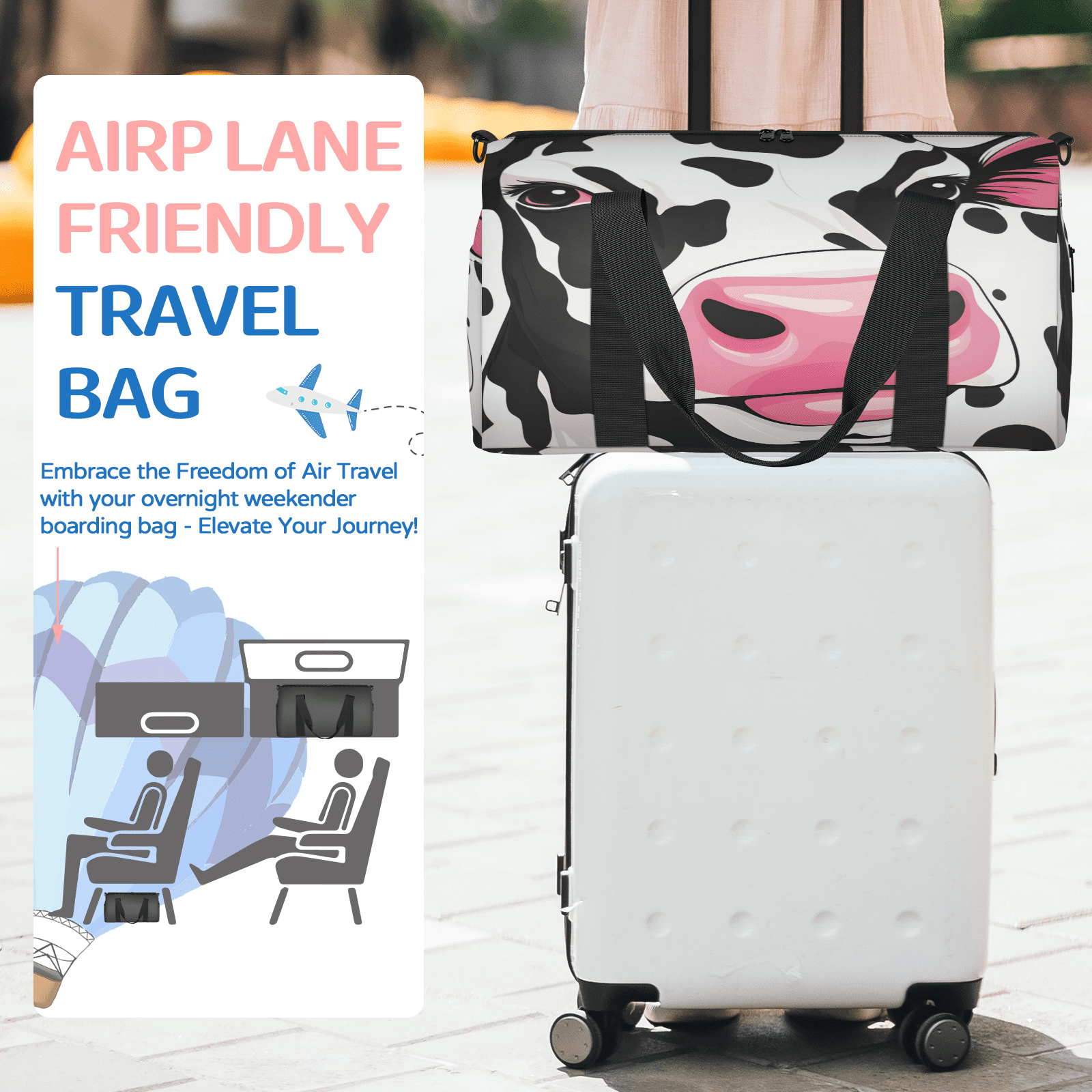 Herdesigns Cow Travel Duffle Bag Sports Yoga Weekender Overnight Carry on Workout Bags Lightweight Waterproof Gym Tote Bag for Women Funny