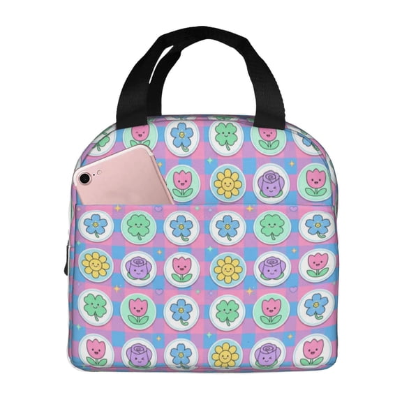 Flower Insulated Lunch Bag ,Reusable Lunch Box,Bento Lunch Box Cooler Bag With Front Pocket For Women Men,Cute Lunch Tote Bag Lunchbox For Work/Office/Travel/Picnic
