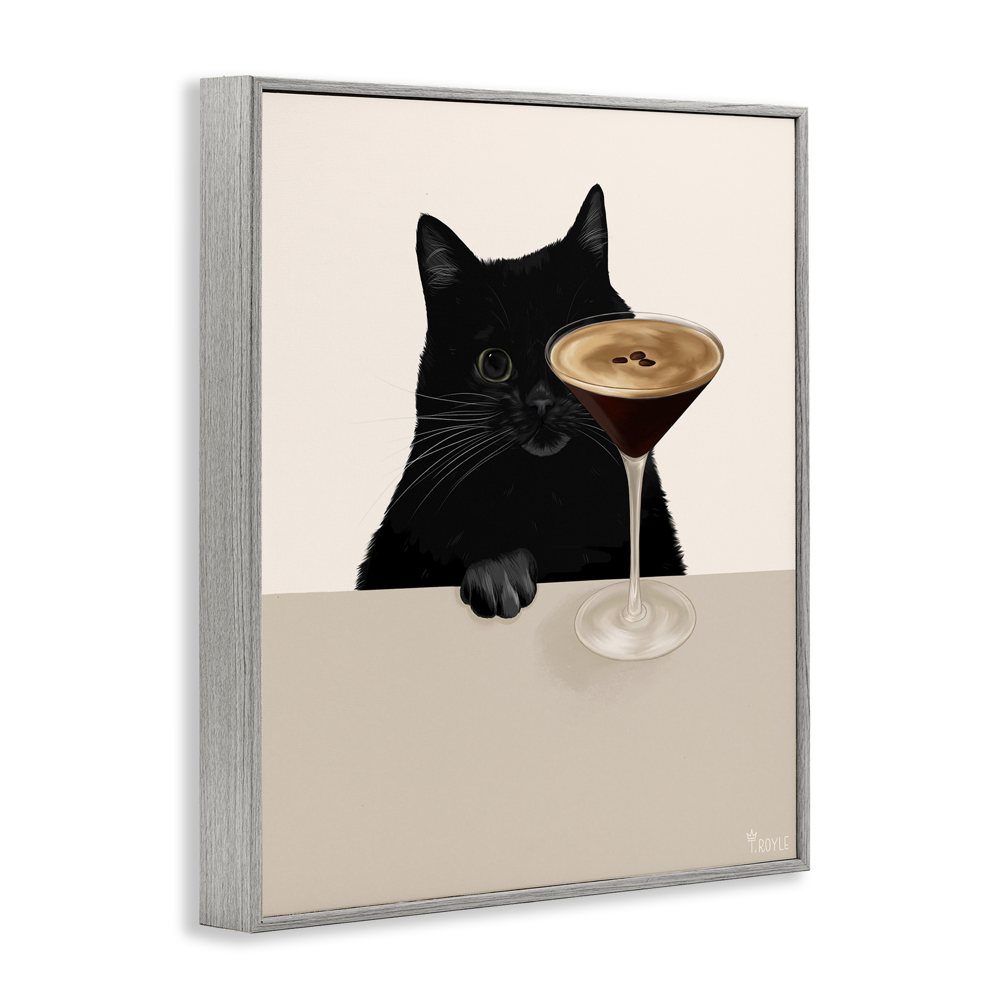 Stupell Industries Cat & Espresso Martini Food & Beverage Painting Gray Framed Art Print Wall Art, 24 x 30