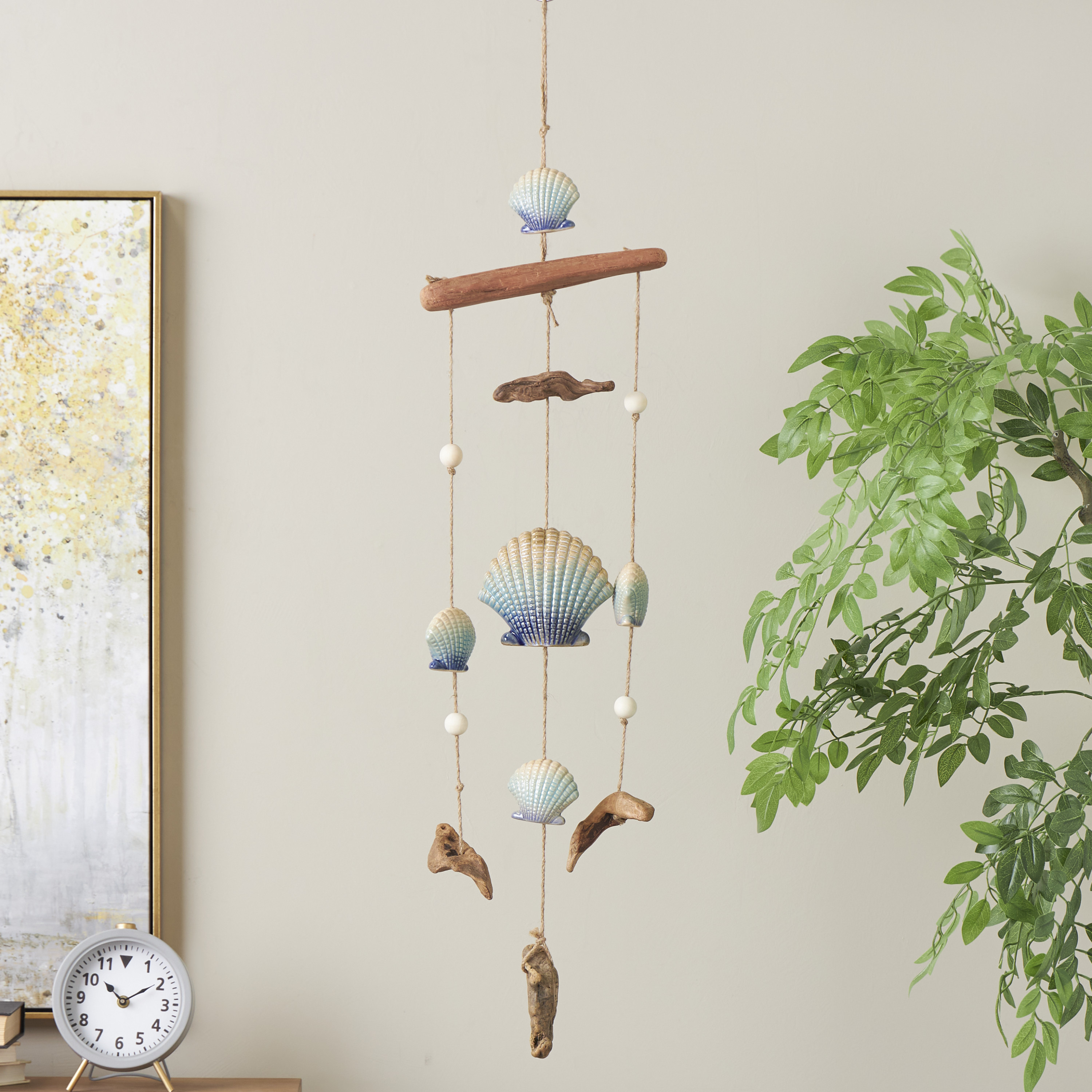 DecMode 35" Blue Ceramic Handmade Ombre Shell Windchime with Driftwood and Bead Accents