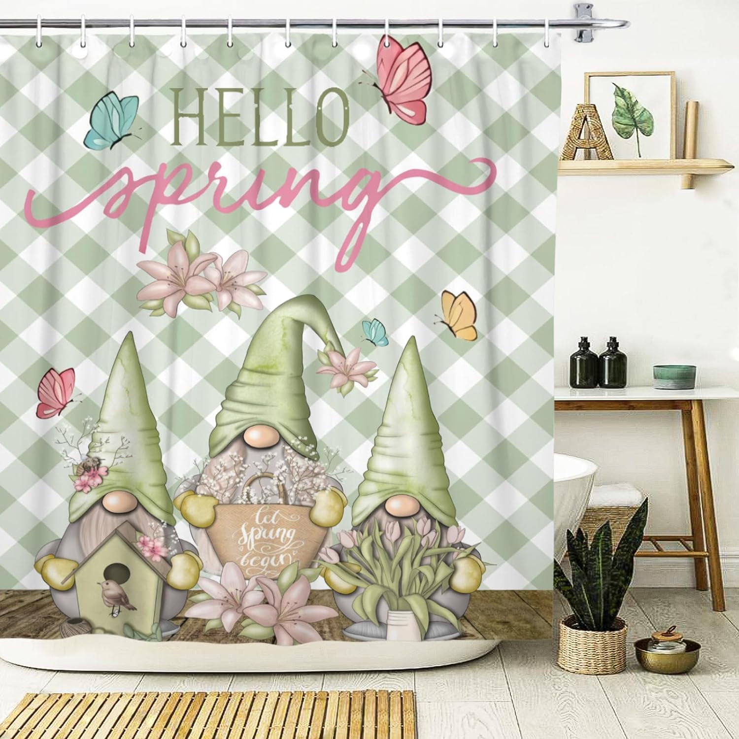 Spring Gnomes Shower Curtain – Pink Cherry Blossom & Butterfly Design, Waterproof Fabric – 72x72 Inches With Hooks
