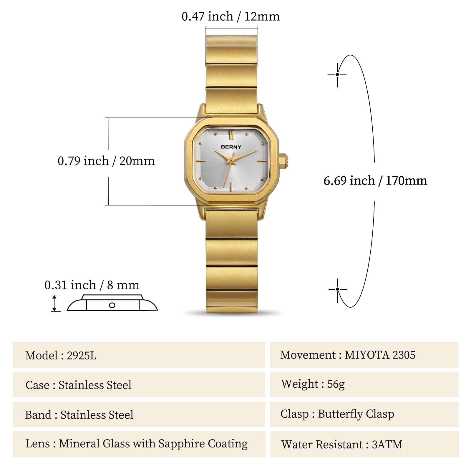 BERNY Small Gold Watches for Women, Dainty Minimalist Dress Watch with Square Dial, Vintage Stainless Steel Bracelet Watch, Waterproof, Ladies Luxury Gifts (White)