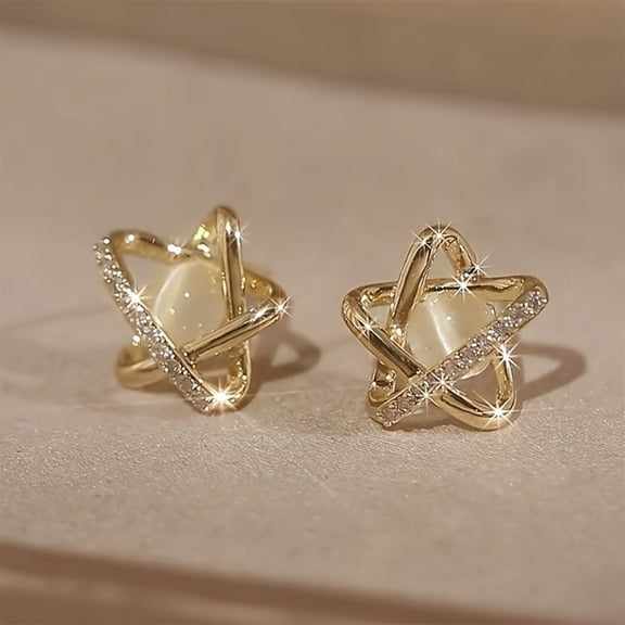 ATJIA Gold Knot Stud Earrings for Women Rhinestone Pearl Dome Earing Post Hypoallergenic Clip Bridal Wedding Prom Jewelry Gift