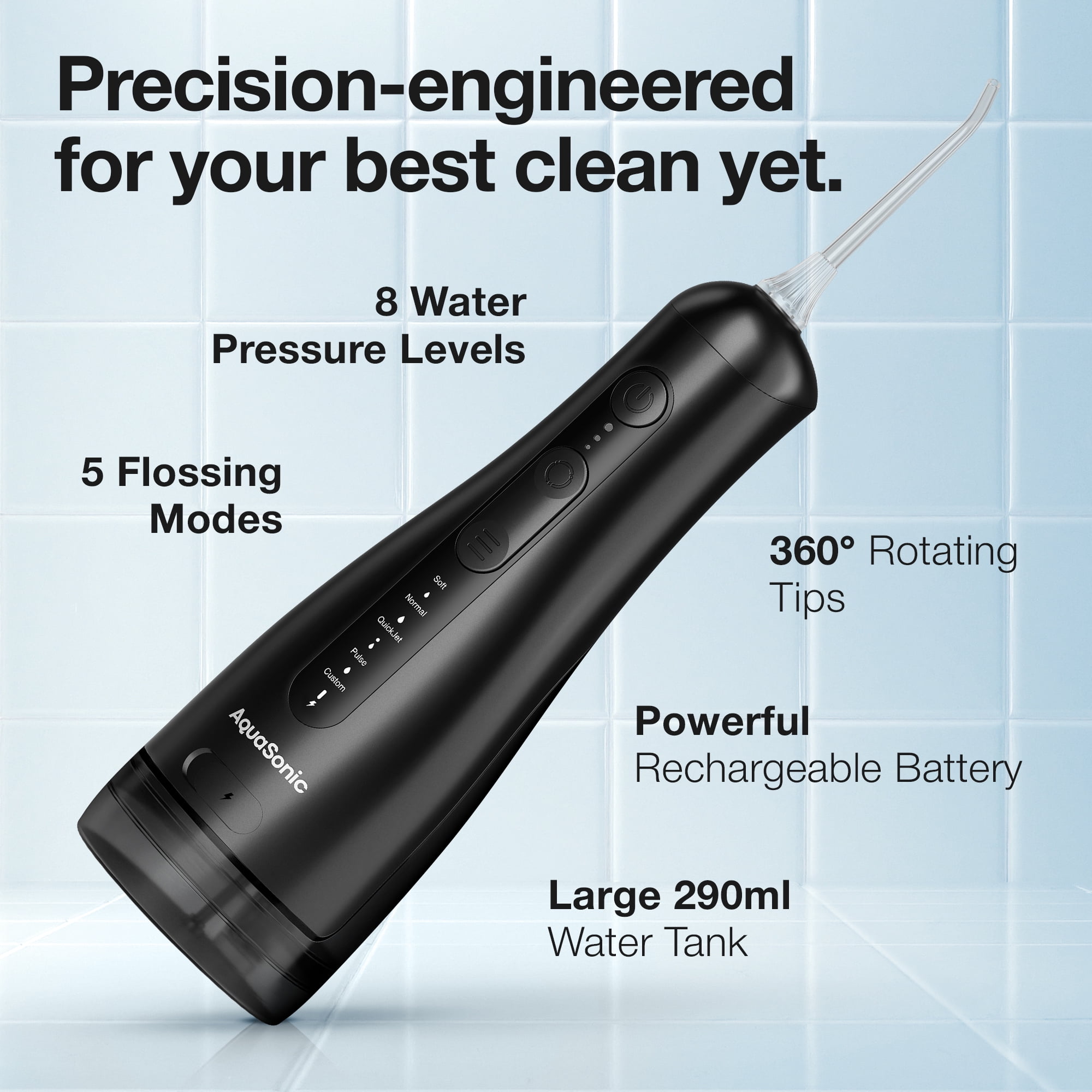 AquaSonic Precision Rechargeable Cordless Water Flosser with Travel Bag and 2 Standard Flossing Tips - Black