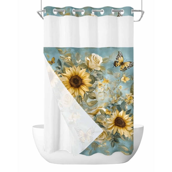 No Hook Cloth Fabric Shower Curtain with Snap in Liner, Spring Yellow Sunflower Waterproof Shower Curtains Set with See Through Top Window, Roes Butterfly Teal Pastoral Bath Curtains Shower 36"x78"