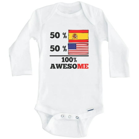 

50% Spanish 50% American 100% Awesome Funny Spain Flag One Piece Baby Bodysuit (Long Sleeve) 3-6 Months White
