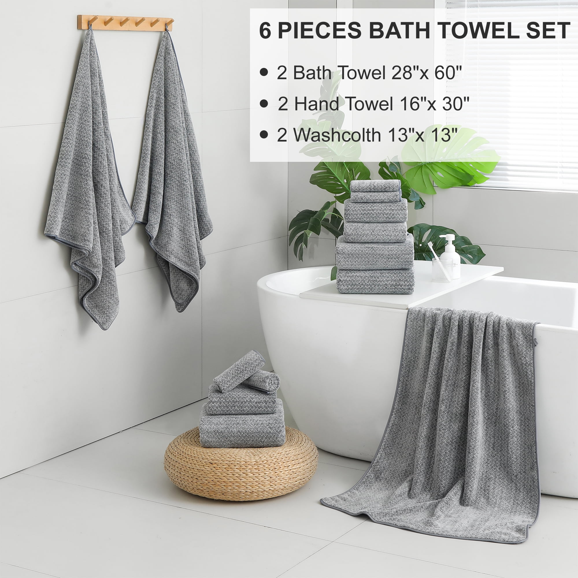 Smuge 6 Piece Dark Gray Bath Towel Set, 2 Bath Towels, 2 Hand Towels, 2 Washcloths, Soft Microfiber Shower Towel for Bathroom