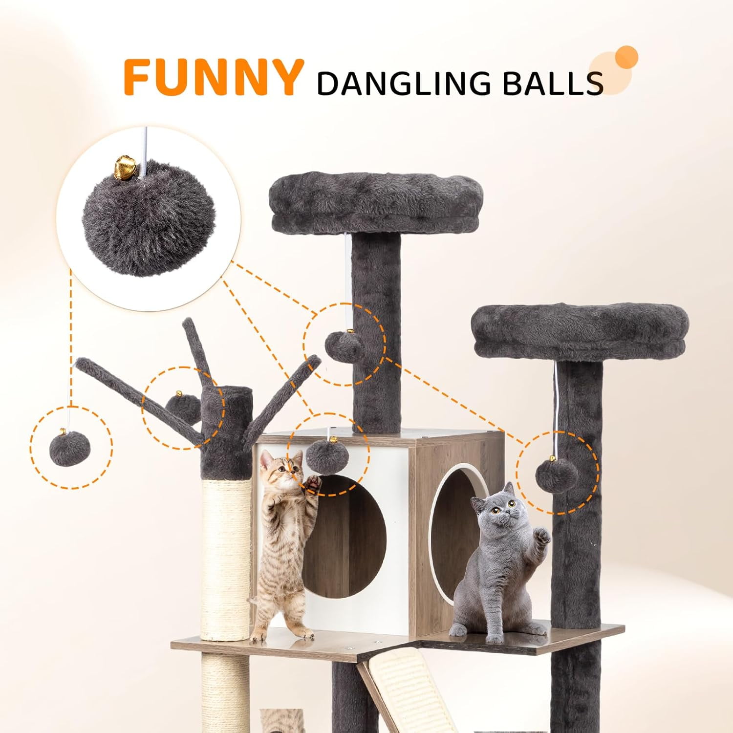 VINGLI Cat Tree Tower with Litter Box, Houses for Indoor Kittens, 53" All-in-1 Wooden Cats Condo, Cat Tower wih Scratching Posts, Hidden Cat Washroom Furniture, Gray