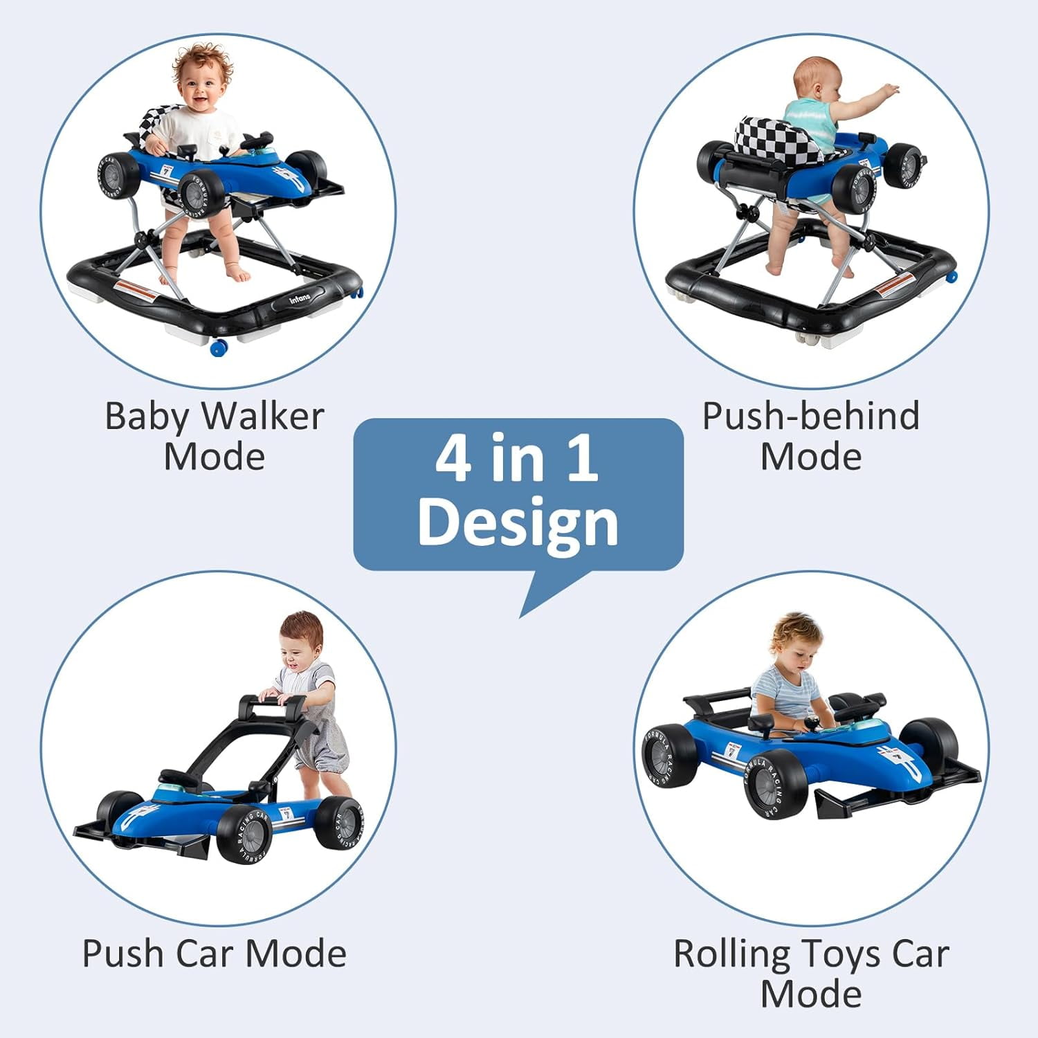 INFANS 4 in 1 Baby Walker, Foldable Toddler Activity Center with Adjustable Height, Padded Seat, Music, Light, Removable Toy Tray, Push Walker for Girls Boys Aged 6-18 Months