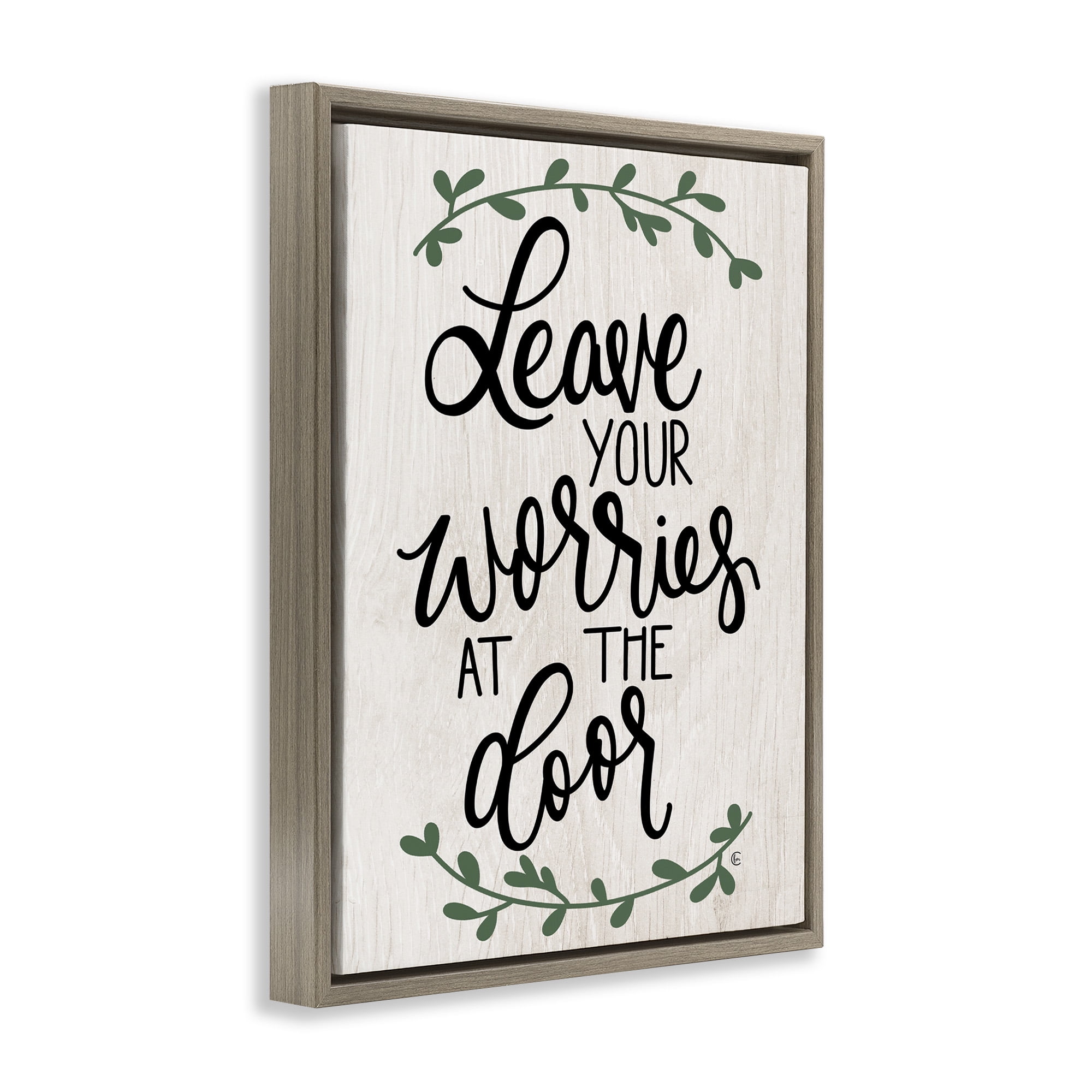 Stupell Industries Worries at Door Family Greeting Typography Painting Brown Floater Framed Canvas Art Print Wall Art, 25 x 31