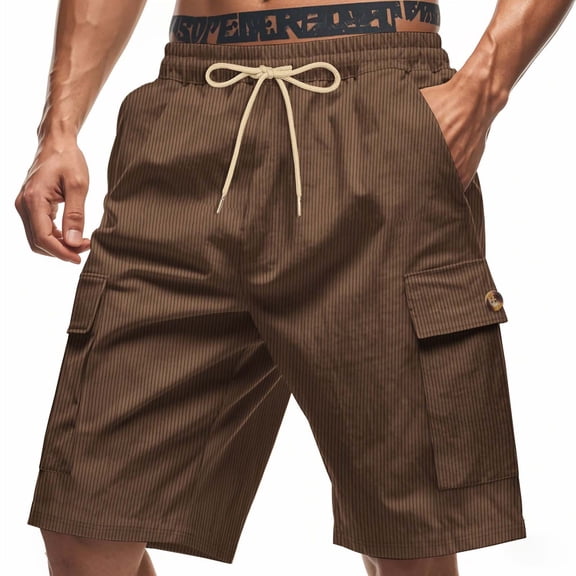 Men Cargo Shorts Plus Size Solid Color Drawstring Elastic Waist Summer Lightweight Shorts with Multiple Pockets Brown 3XL