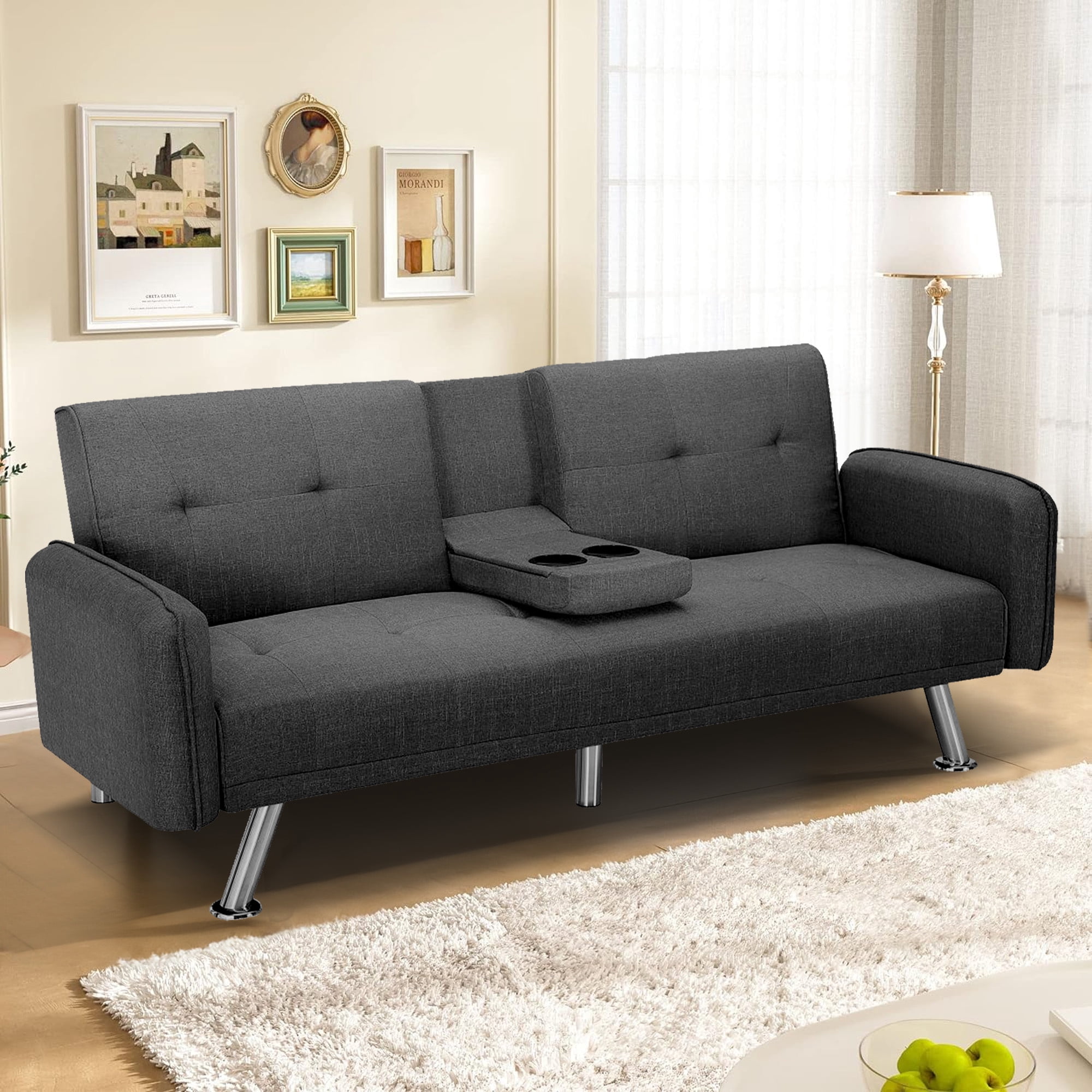 Aukfa 75" Square Arm Futon Convertible Sofa Bed for Home Office, 2 Cup Holders, Linen, Dark Gray