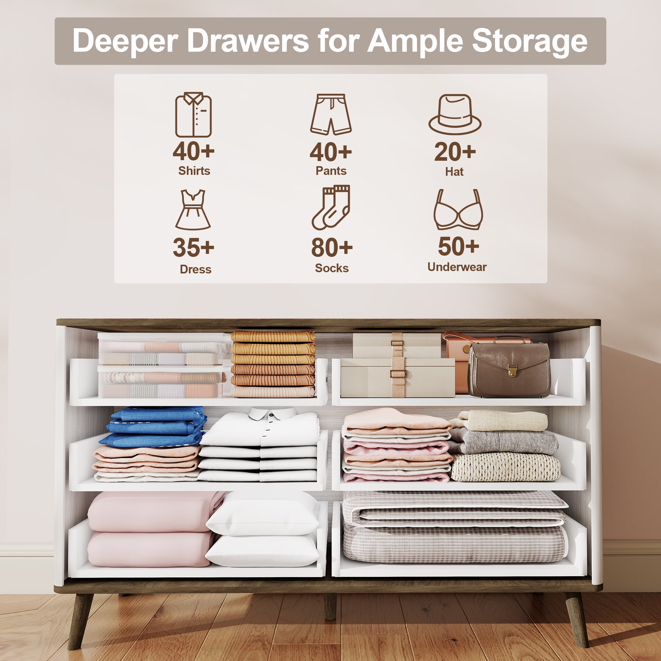 TrumanPick Fluted Dresser for Bedroom with 6 Drawers, 47" Wide Modern Chest of Drawers with Metal Handle, Wooden Dresser for Living Room Closet Hallway, Natural & Walnut
